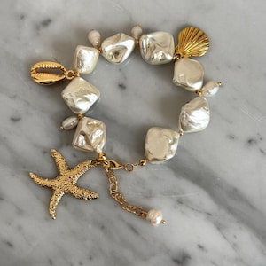 Multi Charm Bracelet, Irregular Pearl Bracelet, Chunky Pearl Bracelet, Pearl Thick Bulky Jewelry, Statment Summer Bracelet, Gift For Her