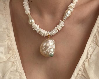 ハンドメイドパールシェルネックレス | 18インチ ボヘミアンビーチ