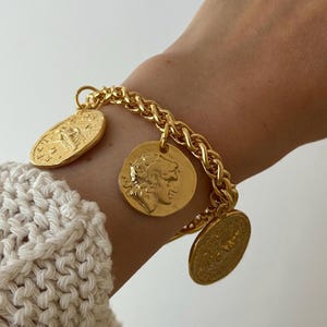 Gold Multi Coin Charm Bracelet, Chunky Gold Chain Bracelet, Athina Coin Bracelet, Oversized Dangling Bracelet, Large Greek Coin Bracelet