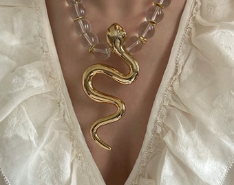 Large Gold Snake Necklace, Snake Pendant Necklace, Big Snake Necklace, Glass Bead Necklace, Chunky Gold Necklace, Oversized Snake Necklace