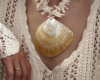 Schelpketting, natuurlijke schelphangerketting, extra grote grote schelpketting, Mermaidcore, huwelijkssieraden, zomer bruidssieraden