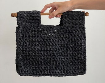 Black Raffia Bag, Raffia Handbag, Crochet Tote Bag, Naturel Bag, Knitted Bag, Summer Tote Bag, Handmade Boho Raffia Bag, Handwoven Bag