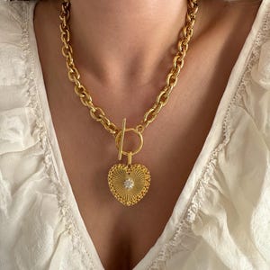 Gold Filled Radial Heart Necklace, Chunky Chain Necklace With Heart Charm, Heart Pendant Necklace