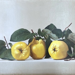 Original Oil Painting – Quinces on Table Still Life – Contemporary Realism – 60x33cm Fine Art – Handmade by Inma Jimenez