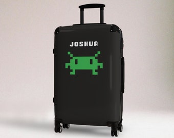 Personalized Suitcase Retro Gaming Gift for Dad Custom Travel Gear for Gamer Boy Suitcase Men's Luggage Checked, Alien Video Game Carry-On