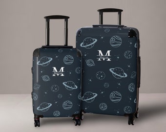 Personalized Space Themed Suitcase for Kids | Custom Monogram Boy Luggage 4 Wheels | Gift for Boy with Planets Stars | 22 Carry On Hard Side