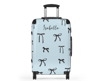 Personalized Suitcase Custom Luggage Coquette Aesthetic Bow, Travel Gift for Teen Girl Carryon, Blue Wheeled Suitcase Women Checked Luggage