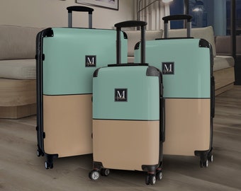 Valise à roulettes rigide avec monogramme, nom personnalisé et bloc de couleur vert minimaliste de style minimaliste