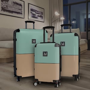 Monogrammed Hard Side Luggage with Wheels Spinner Suitcase with Lock Personalized Name and Initial Modern Minimal Style Color Block Green