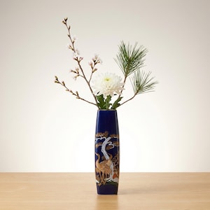 Japanese Kutani-yaki Meito Blue Crane and Pine Ceramic Bud Vase
