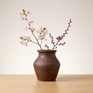 Jarrón Ikebana Bizen Ware vintage del artesano tradicional Goichiro Maejima | Recipiente de cerámica rústica japonesa con caja