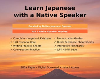 May include: A digital download advertisement for learning Japanese. The image features text that reads "Learn Japanese with a Native Speaker." The ad highlights features like Hiragana, Katakana, Kanji, and conversation practice. The background is a sunset over a mountain.