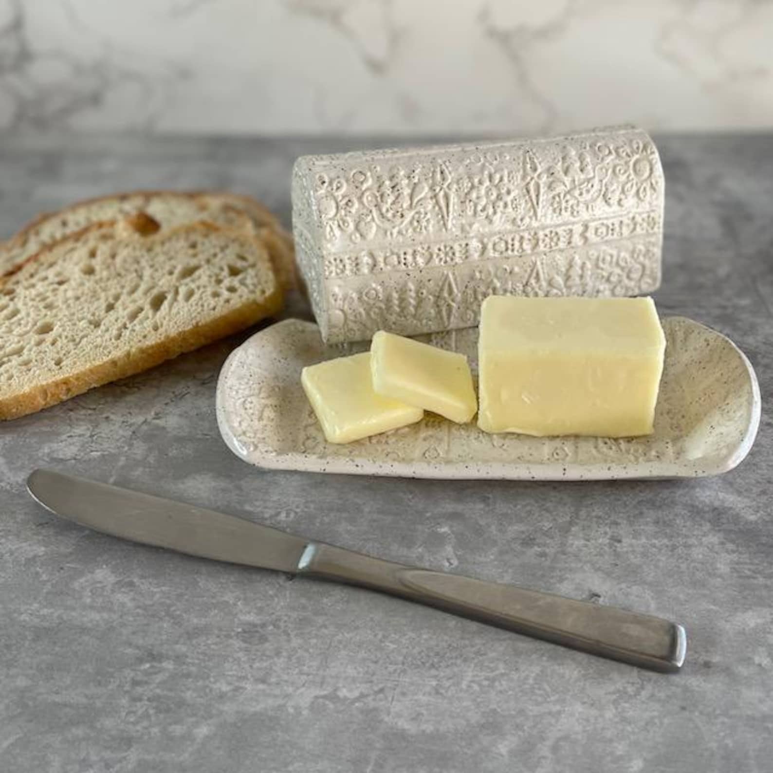 Folk Scandinavian Textured Ceramic Covered Butter Dish Handmade Clay
