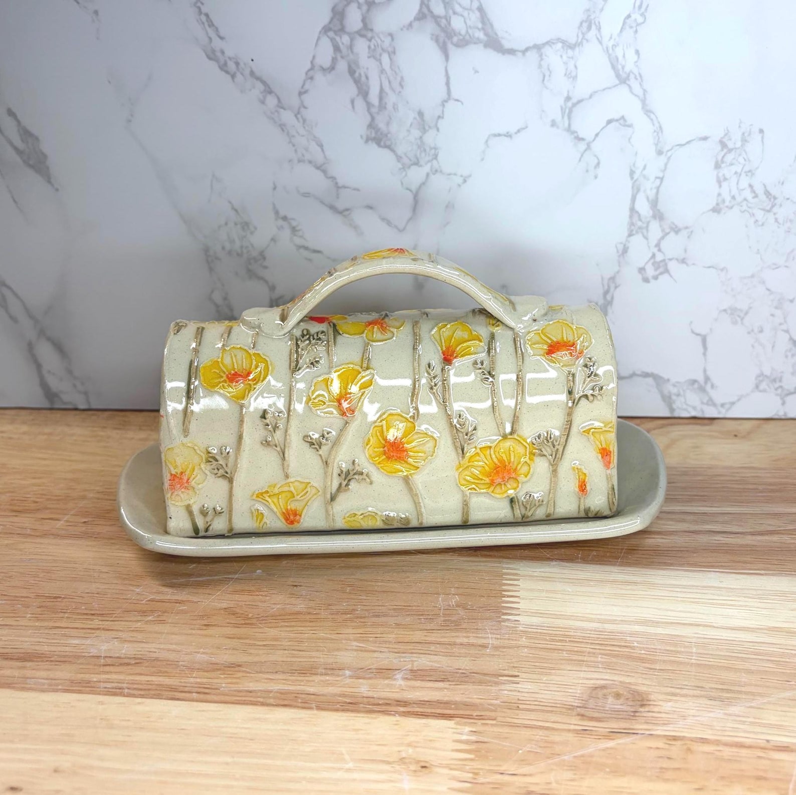 Watercolor Poppy Ceramic Covered Butter Dish Clay