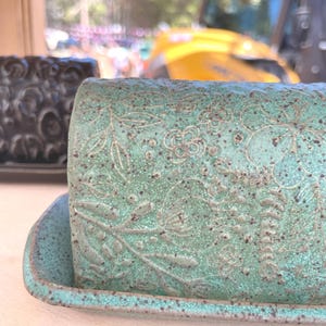 Patina Dainty Flower Textured Ceramic Covered Butter Dish Handmade Clay