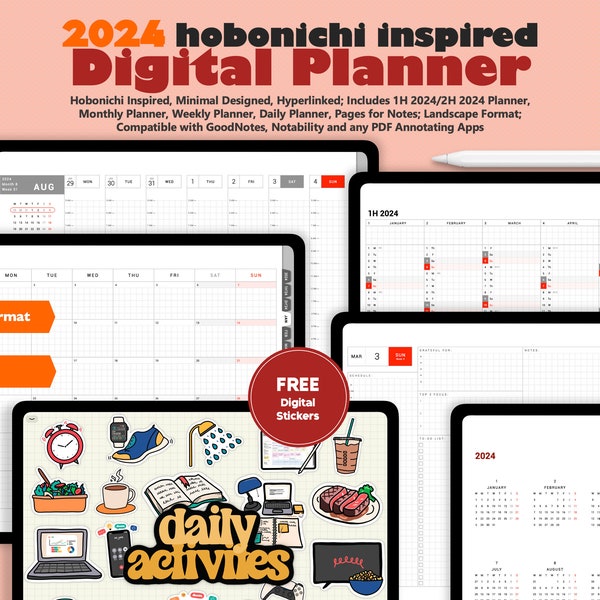 2024 Digital Planner - Digital Hobonichi, GoodNotes Planner, Notability Planner, Minimal Planner (Landscape)