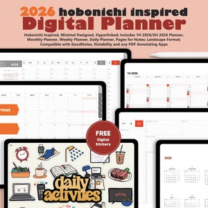 Planificador digital 2026 inspirado en Hobonichi (horizontal): minimalista, compatible con las apps GoodNotes y Notability
