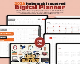 Planificador digital 2026 inspirado en Hobonichi (horizontal): minimalista, compatible con las apps GoodNotes y Notability