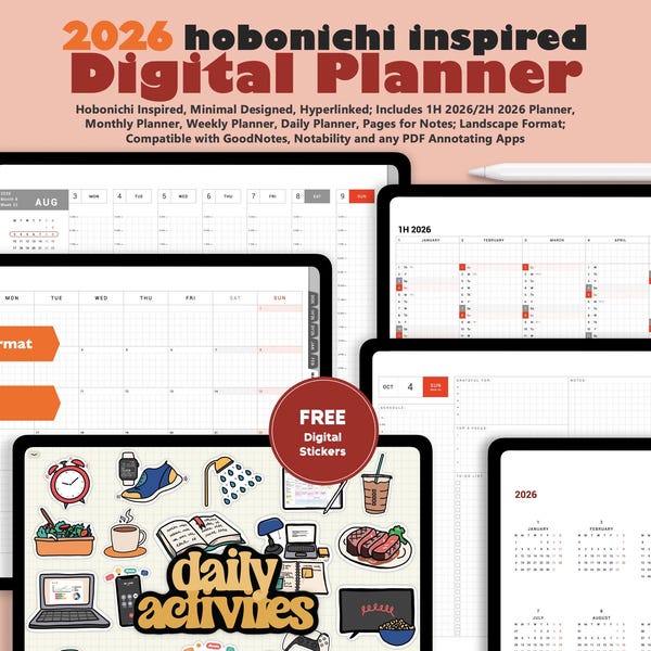 2026 Hobonichi Inspired Digital Planner (Landscape) – Minimalist GoodNotes, Notability App Compatible