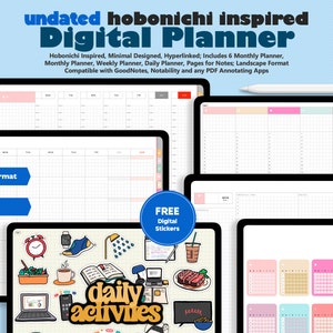 May include: A digital planner inspired by Hobonichi, featuring a landscape format, weekly view starting on Monday, and includes 6 monthly planners, a monthly planner, a weekly planner, a daily planner, pages for notes, and free digital stickers. Compatible with GoodNotes, Notability, and any PDF annotating apps.