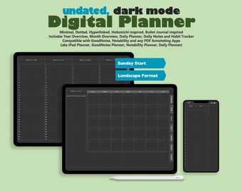 Minimal Dark Mode Digital Planner, Undated, Sunday Start (Digital Download)