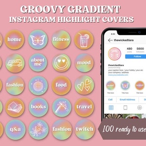 100 Groovy Gradient Instagram Highlight Cover Icons | PNG Instagram Story Covers | Instant Download