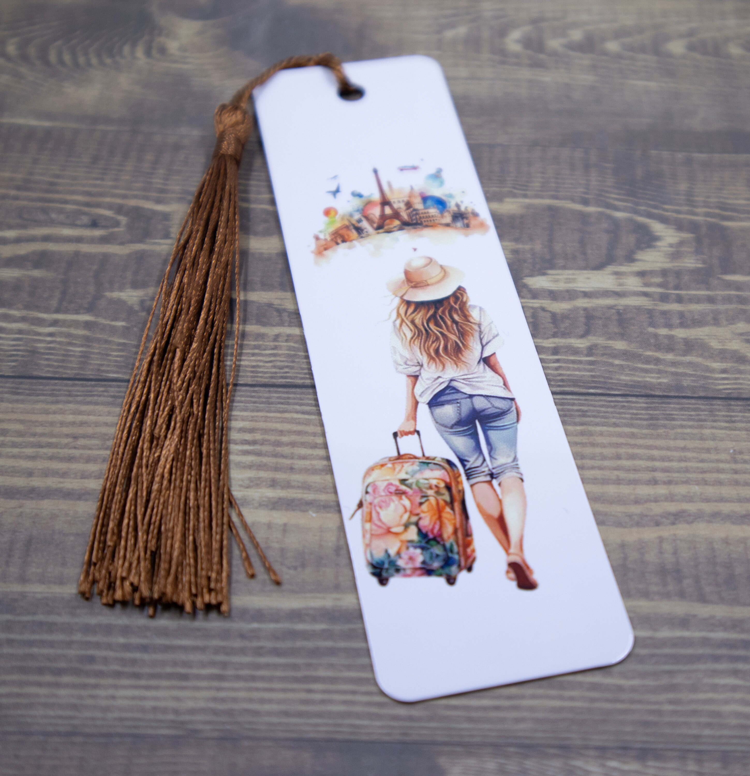 Traveling Woman Bookmark, Brown Tassel Bookmark, Book Mark, Page Marker ...