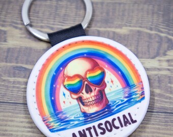 Rainbow AntiSocial Skeleton Keychain, Keyring, gold glitter sparkle square keychain, accessory, faux leather, round, white, skull head