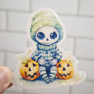 Little Skeleton Kid Sticker, Laptop Decal, vinyl sticker, pumpkins, skeleton, cozy, adorable skeleton, water bottle sticker, halloween