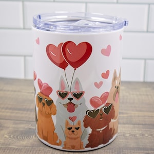 Love of Dogs 13oz Travel Mug, Infused Coffee Mug, hearts, metal travel mug with lid, to go mug with handle, stainless steel, dog lover