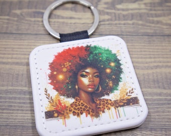 Fierce Empower Keychain, Keyring, double sided, square keychain, accessory, african woman, faux leather, small, double sided, red green afro