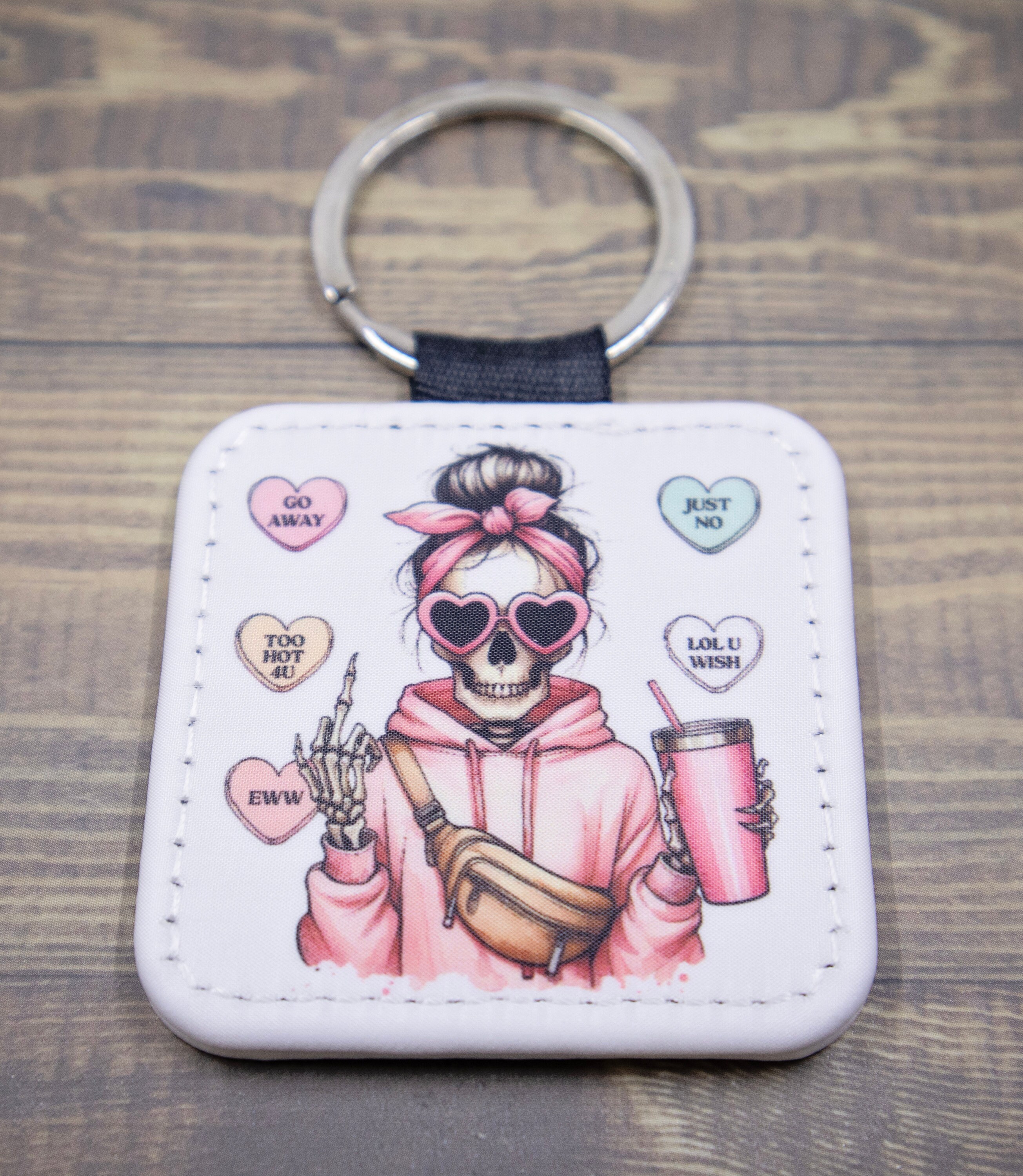 Self Love Pink Skeleton Keychain, Keyring, double sided, square keychain, accessory, faux leather, double sided, inner love, anti-valentine