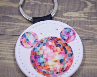 Rainbow Mickey Disco Ball Keychain, Keyring, gold glitter sparkle square keychain, accessory, faux leather, round, white, mickey head