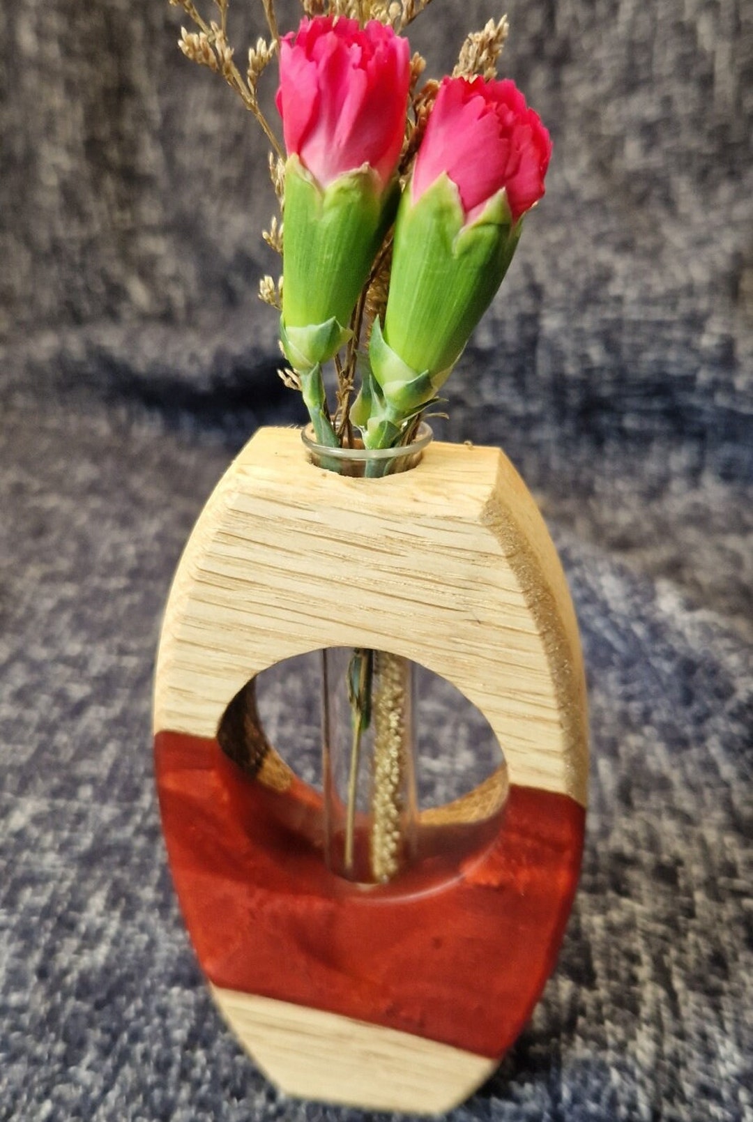 Wooden Flower Vase, Single Stem, Glass Test Tube, Dried Flower Display