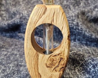 Wooden decorative flower vase, single stem, glass test tube, dried flower display, bud vase, solid oak, handmade, natural, unique, gift