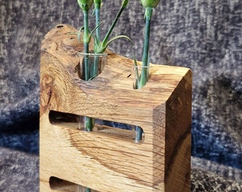 Wooden flower vase, totally unique, Waney edge oak, double stem, glass test tubes, dried flower display, bud vase, handmade, oak, handmade