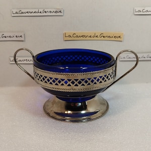 Vintage metal & blue glass sugar bowl/small cobalt blue cup/glass bowl/sauce boat/tableware/home decoration/empty pocket/gift
