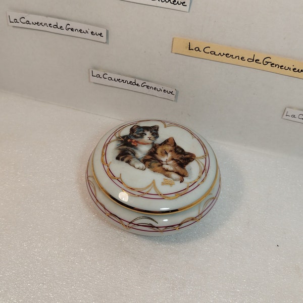 Vintage boîte en porcelaine de Limoges/FM Limoges France/porcelaine artistique artisanale traditionnelle/motif animal/chat dessiné/bijou/art