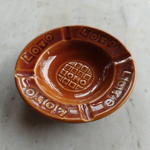 Vintage LOTO advertising ashtray/round/GIEN earthenware/brown/stamped GIEN France/number on the bottom/decoration/collection empty pocket gift