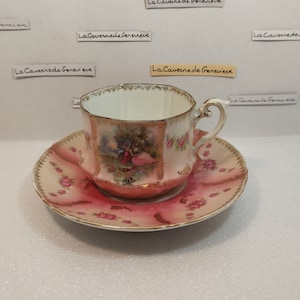 Vintage luxury lunch/cup and saucer set Saxony porcelain 1900/floral pattern/Fragonard couple/tableware/service/dishes/art