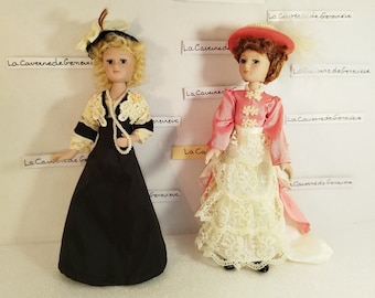 Vintage Collectible Dolls/Set of 2/Antique/Porcelain Head and Limbs/Jointed/Victorian Style Clothing/Decoration/Dollhouse