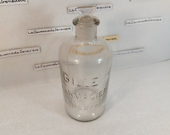 Frasco de vidro de boticário vintage da década de 1900 com inscrição em relevo / Gille, farmacêutico em Paris / tampa de vidro / antigo / vazio / gargalo polido / artigo de vidro / item de colecionador