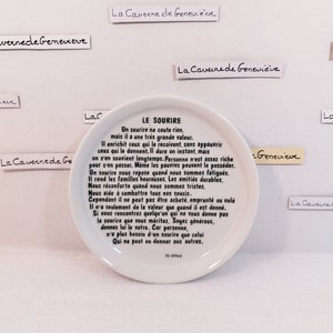 Piatto decorativo vintage da posizionare/poesia Il sorriso/piccola tasca vuota bianca con scritta nera/regalo per compleanno o festa/oggetto da collezione