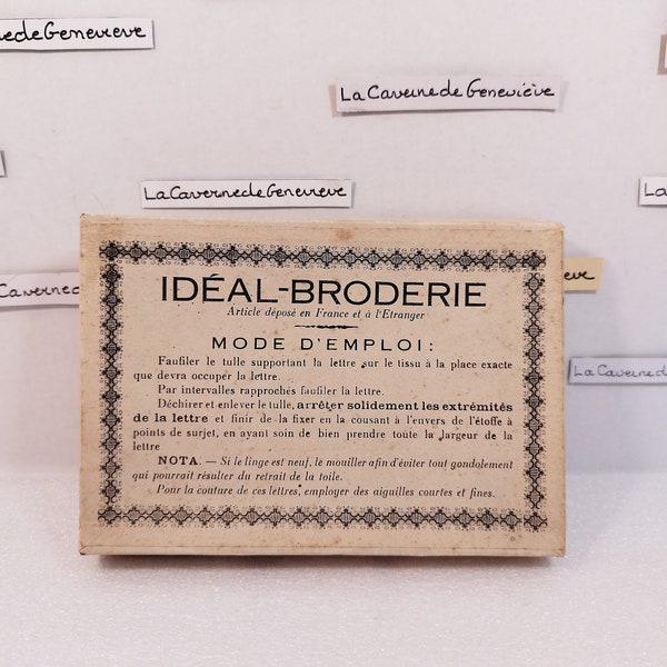 Vintage monogramme pré-brodé A Idéal Broderie/couture/articles merceries anciens/accessoires broderie/article Samaritaine Paris/boîte carton