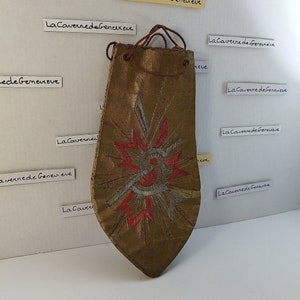 Monedero antiguo de tela vintage/accesorio de la época templaria/logotipo bordado en rojo y azul/bolsa grande de tela suave/tela litúrgica/masón