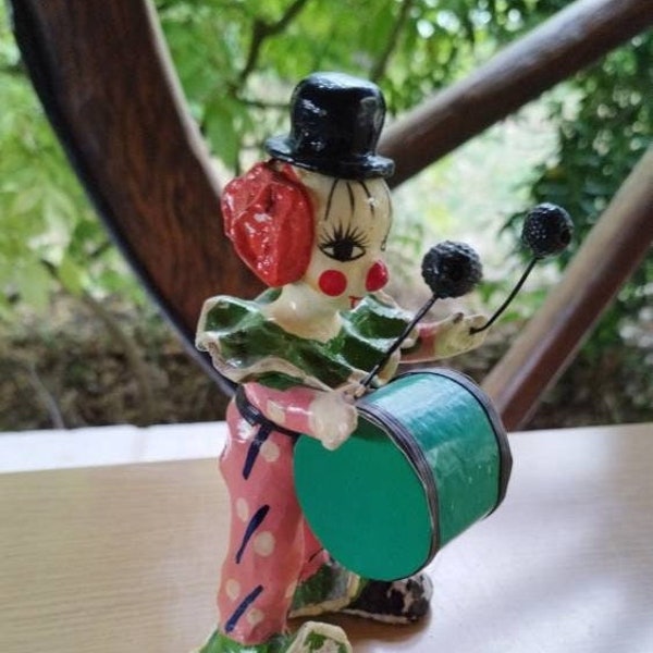 Vintage création figurine clown musicien Los Gatos Hecho/tambour papier mâché peint à la main/réalisé au Mexique/année 1950/artisanal/coloré