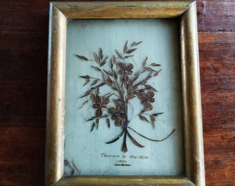 Flea market hair painting/old folk art 19th/original frame/curiosity object/rare/jewelry/souvenir/reliquary/collection/decoration