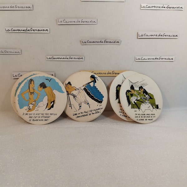 Vintage round soft coasters/humorous coasters in retro style from 1970/set of 5/bar accessory/table protection/collection