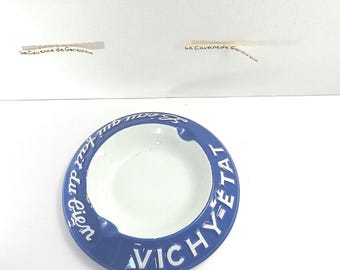 Vintage Vichy ceramic advertising ashtray l'eau qui vous fait du bien/stamped porcelain object/blue and white/chic bistro decor/art