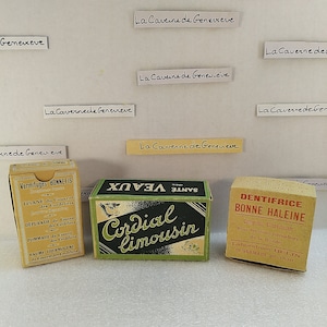 Vintage-Apothekenschachteln aus Pappe/3er-Set/Bonnefis-Kaugummipastillen/Good Breath Zahnpasta/Ferkelgesundheit/Sammlung/alte Gegenstände